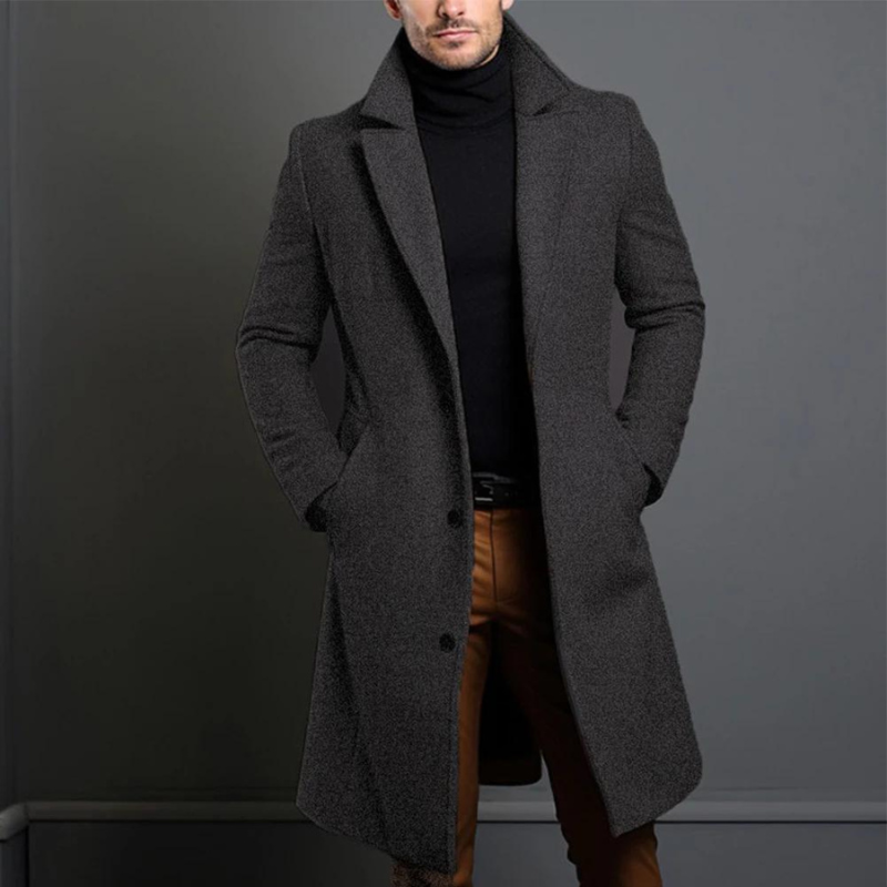 Close-up of the wool fabric on the Aaron men's long slim fit winter coat.
