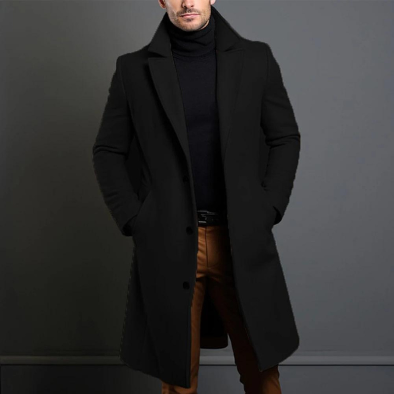 Model wearing the Aaron men's stylish wool coat, a key piece for cold weather.