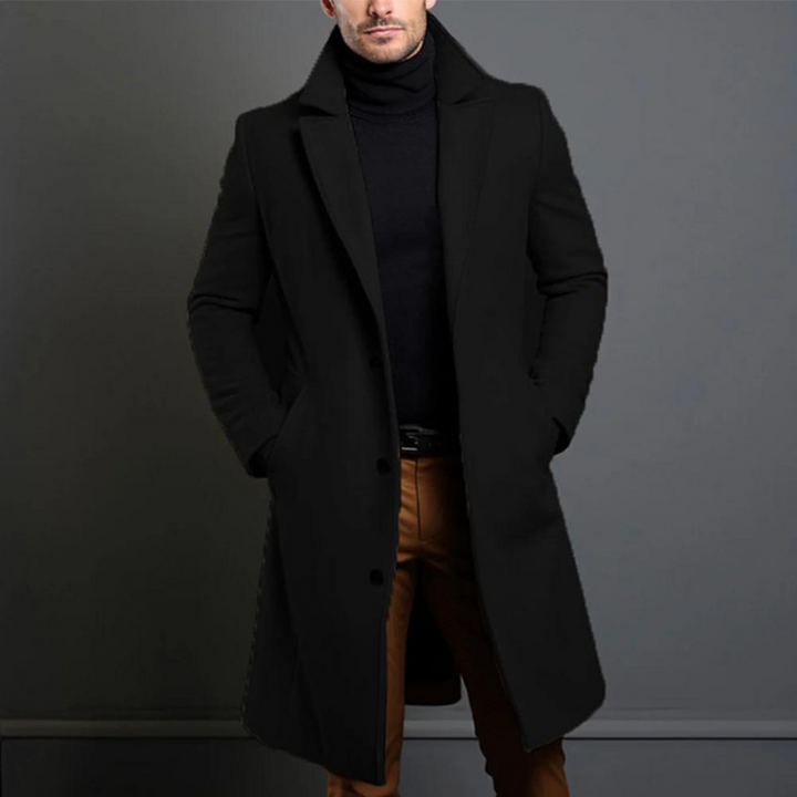 Model wearing the Aaron men's stylish wool coat, a key piece for cold weather.