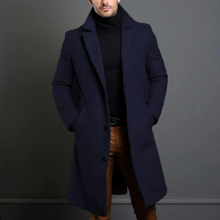 Aaron men's slim fit outerwear, a versatile long wool coat for business casual.