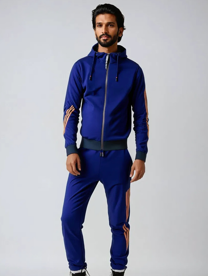 Adam men's black zip-up hoodie and jogger tracksuit set with white stripes.