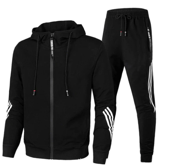 Men's activewear: Adam's blue and grey striped zip-up jogger set.
