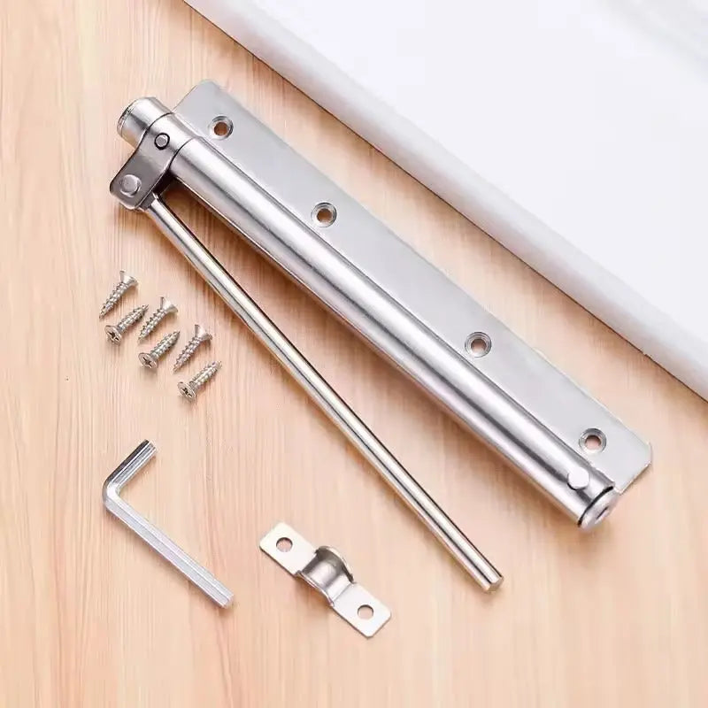 Automatic door closer, stainless steel, ensures quiet & smooth door control. Perfect for residential doors.