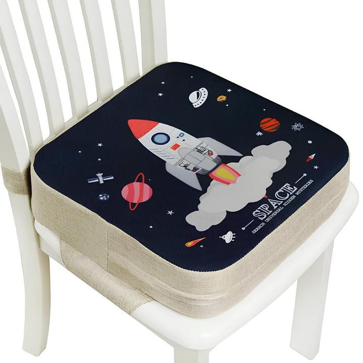 Easy clean booster cushion for kids, a safe alternative to high chairs.