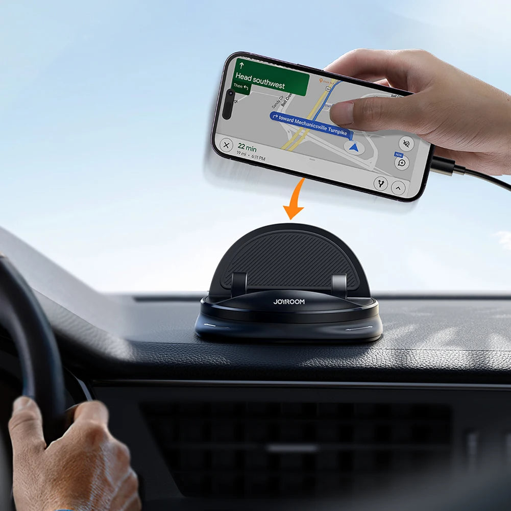 Adjustable car phone holder dashboard mount with 360-degree rotation for universal smartphones, ensuring hands-free driving safety.