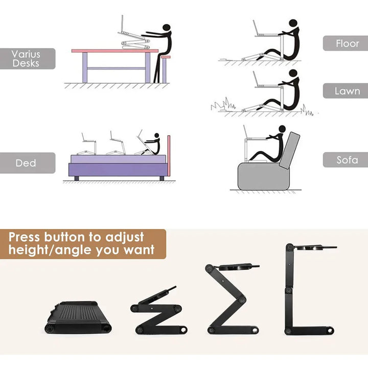 Laptop stand with adjustable height & angle, perfect for ergonomic setups on desks and couches.