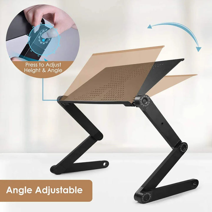 Sleek aluminum adjustable laptop stand, ergonomic design for versatile use on desks, sofas, and floors.