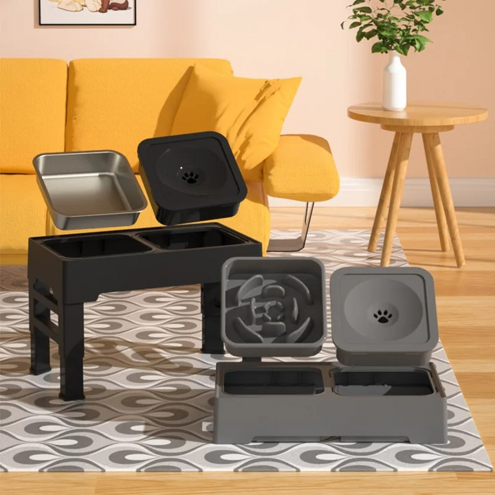 Adjustable height pet feeder with removable stainless steel slow feeder bowl for dogs and cats.