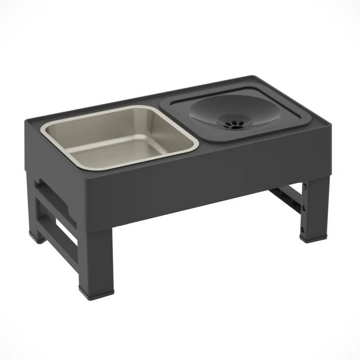 Ergonomic dog bowl set featuring an adjustable height feeder and a mess-free slow feeder bowl.