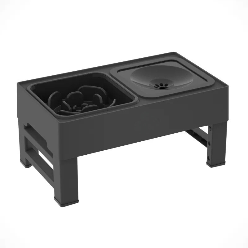 Cat feeder with elevated stand and integrated slow feeder bowl, promoting pet wellness.