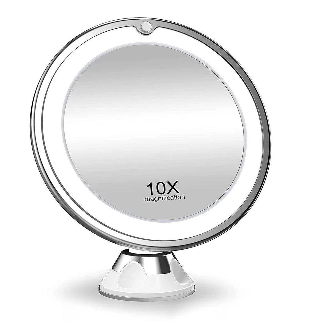 Adjustable LED Vanity Makeup Mirror with 10x magnification, a portable cosmetic and beauty tool.