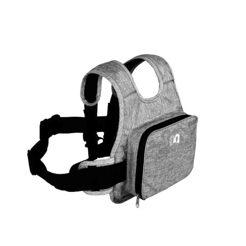 Grey linen fabric kids motorcycle safety belt, designed for adjustable comfort and maximum security on the road.