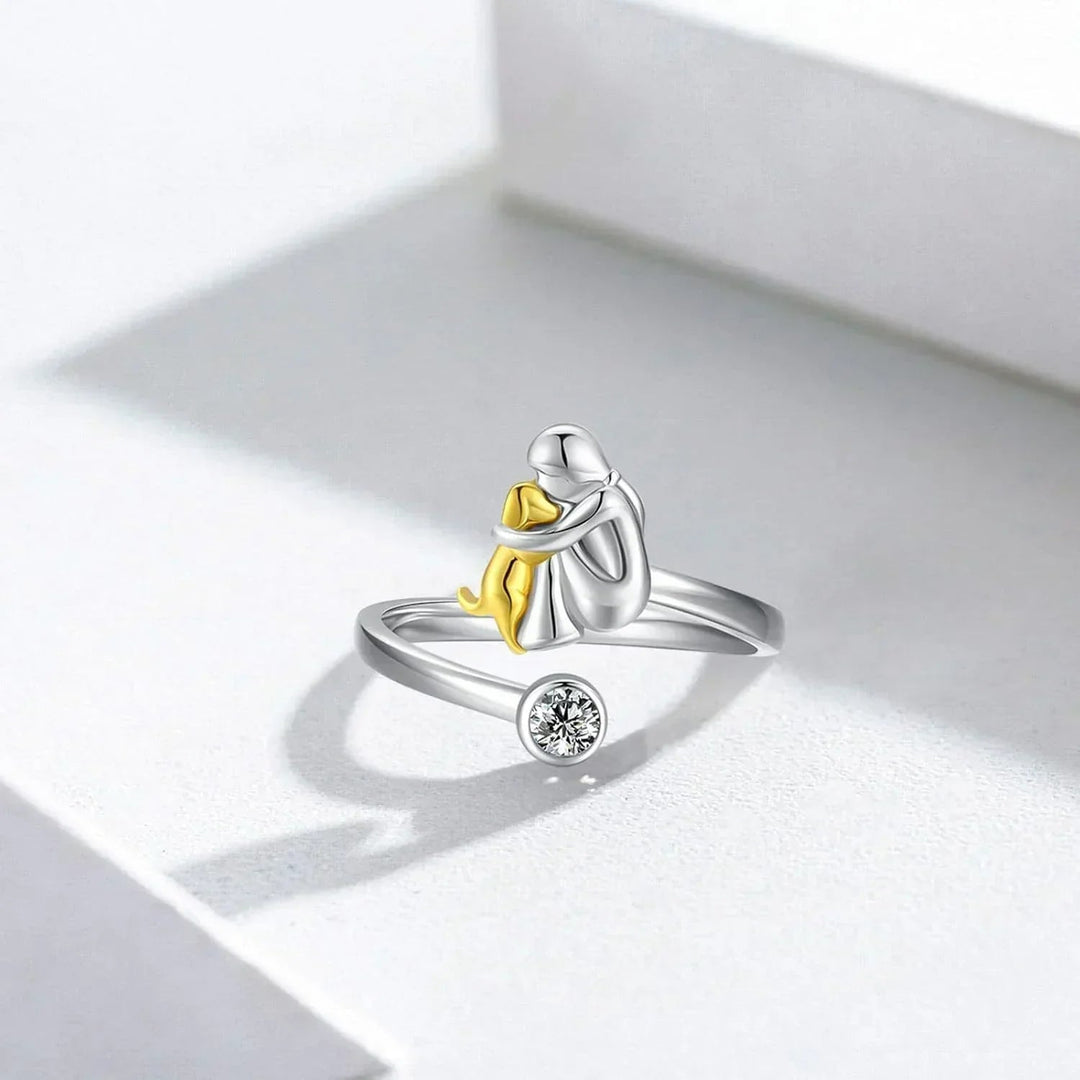 Sentimental hypoallergenic silver dog love ring for women, an adjustable gold accent pet lover gift.