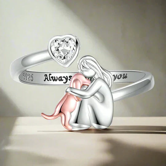 Adjustable sterling silver ring for women, featuring a cute dog and heart design. Perfect dog mom gift.