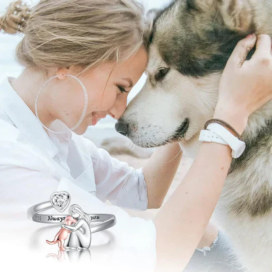 Women's silver adjustable ring with a charming dog and heart, ideal for pet lovers & animal jewelry enthusiasts.