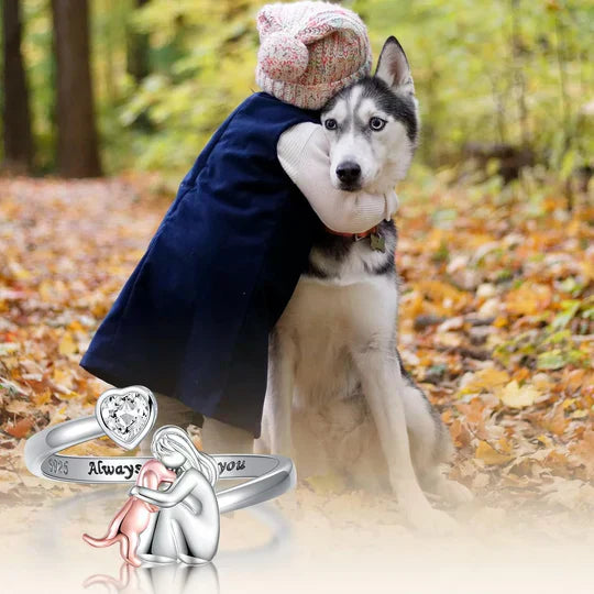 Elegant women's adjustable silver dog and heart ring, a lovely sterling silver animal jewelry piece for her.