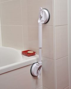 Adjustable suction grab bar for shower & bathroom safety. Portable mobility aid for elderly, easy install handle.