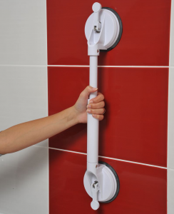 White plastic adjustable suction grab bar, ideal for bathroom & shower safety, mobility support for seniors.