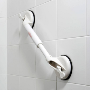 Portable adjustable suction grab bar offers secure bathroom safety. Mobility aid for shower & toilet assist.