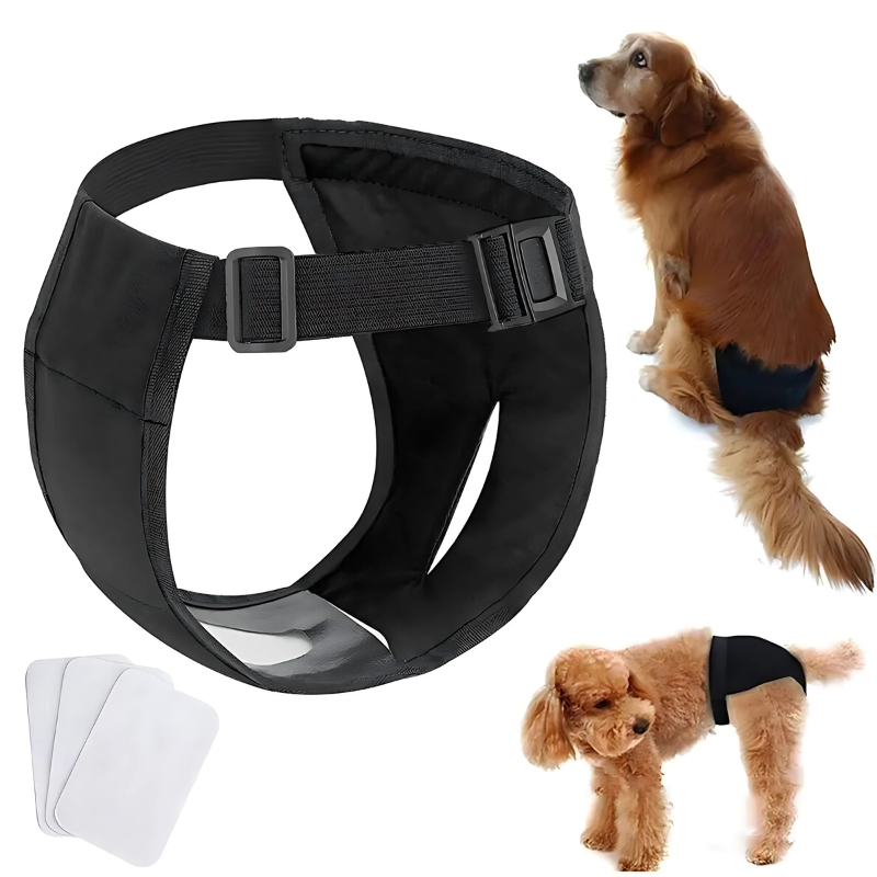 Adjustable unisex dog sanitary pants for incontinence and mess prevention.