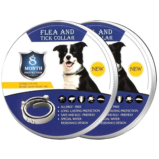 Full view of adjustable waterproof flea & tick collar, suitable for all cats & dogs. Pet safety.