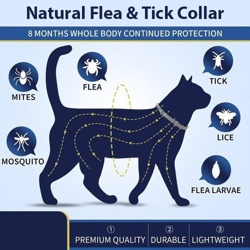 Durable waterproof flea & tick collar, adjustable fit for cats & dogs. Natural pest repellent.