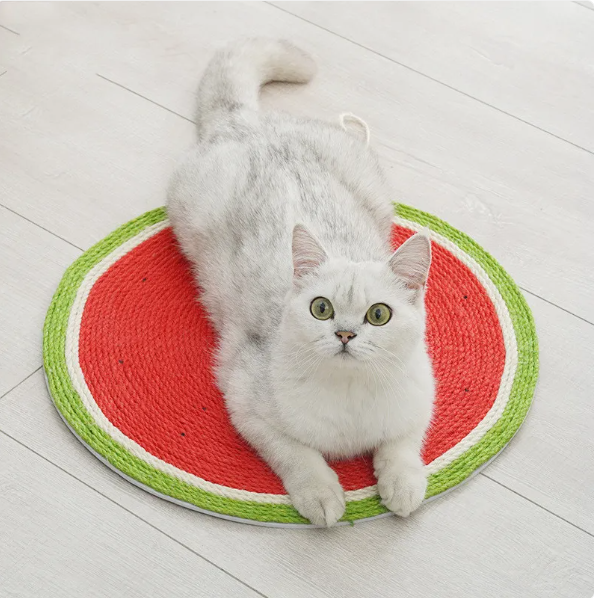 Playful fruit-shaped cat mat, ideal for scratching & exercise, a charming piece of pet home decor.