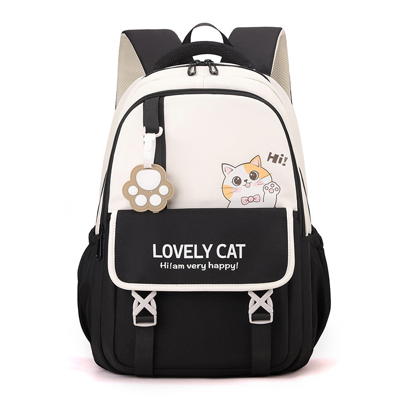 Durable khaki cat school backpack for girls, cute animal design, ideal kids travel or school bag with good capacity.