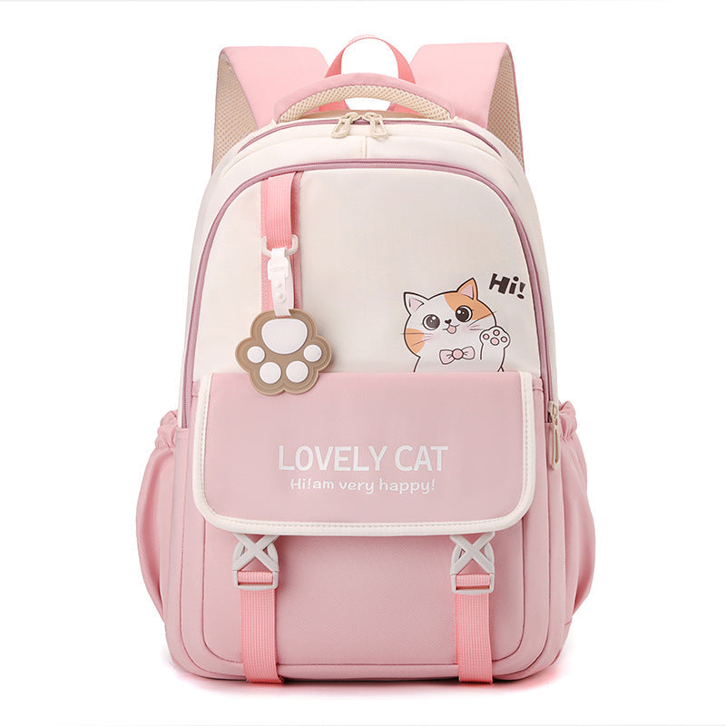Cute girls' cat school backpack, playful animal design with adjustable straps, perfect for young students. Pink.