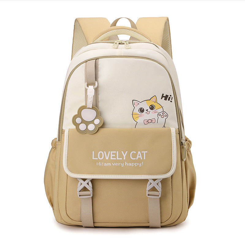 Front view of an adorable pink cat school backpack for girls, featuring a cute animal face and spacious compartments.