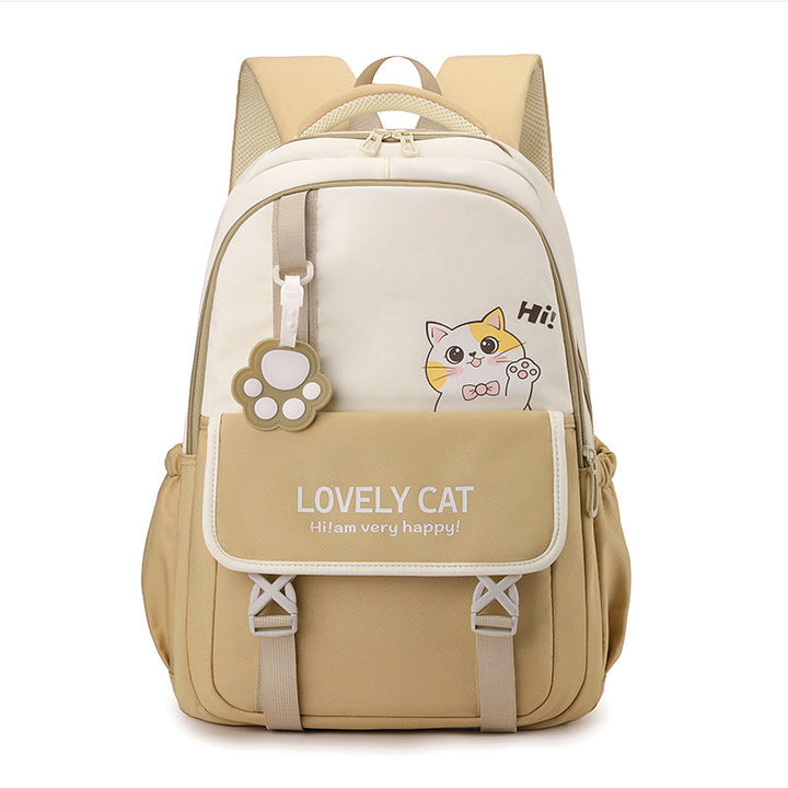 Front view of an adorable pink cat school backpack for girls, featuring a cute animal face and spacious compartments.