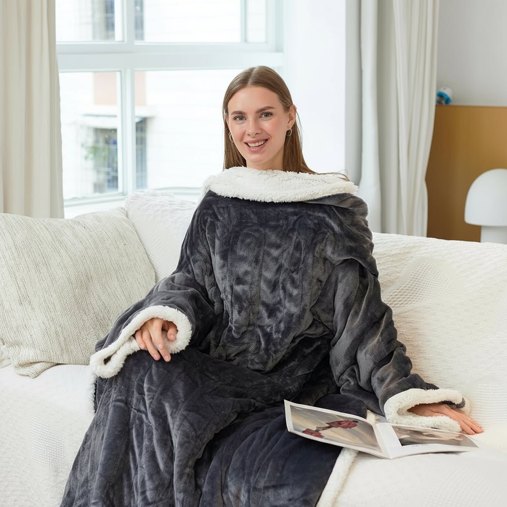 Adult wearable heated sherpa fleece blanket for ultimate cozy comfort and winter warmth.