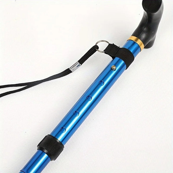 Portable adjustable walking stick providing sturdy support for adults needing mobility aid; easy to fold for storage.