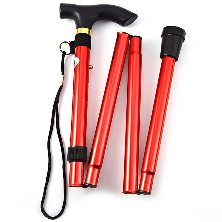 Durable folding walking stick with comfortable grip, adjustable height & telescopic design for easy storage.