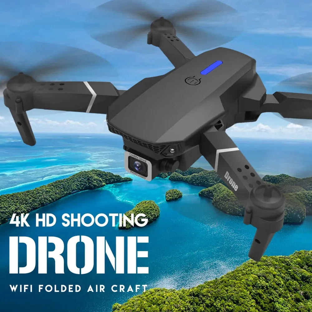 RC quadcopter drone with 4K dual cameras & wide-angle lens for outdoor aerial filming and photography.
