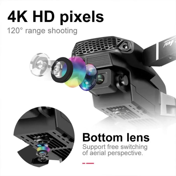 Photography drone with 4K dual-camera system & wide-angle lens for professional aerial shots and video.