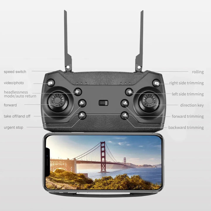 Dual-camera 4K drone with wide-angle lens, an advanced aerial camera for immersive outdoor photography.