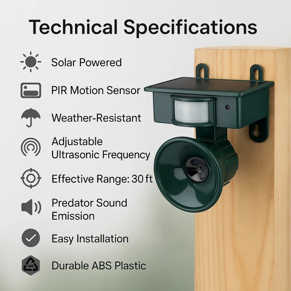 Advanced motion sensor, ultrasonic bird repellent for humane outdoor pest control.