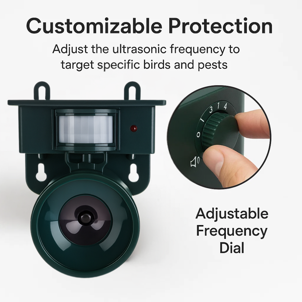 Durable weatherproof bird deterrent, motion sensor & ultrasonic for all outdoor conditions.