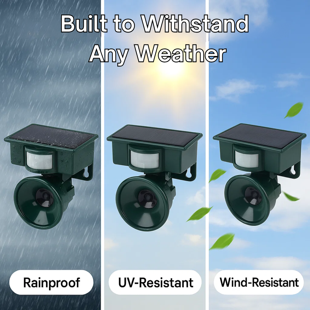 Effective bird & pest control, ultrasonic motion sensor deterrent for outdoor gardens.