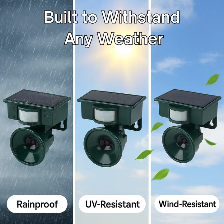 Effective bird & pest control, ultrasonic motion sensor deterrent for outdoor gardens.