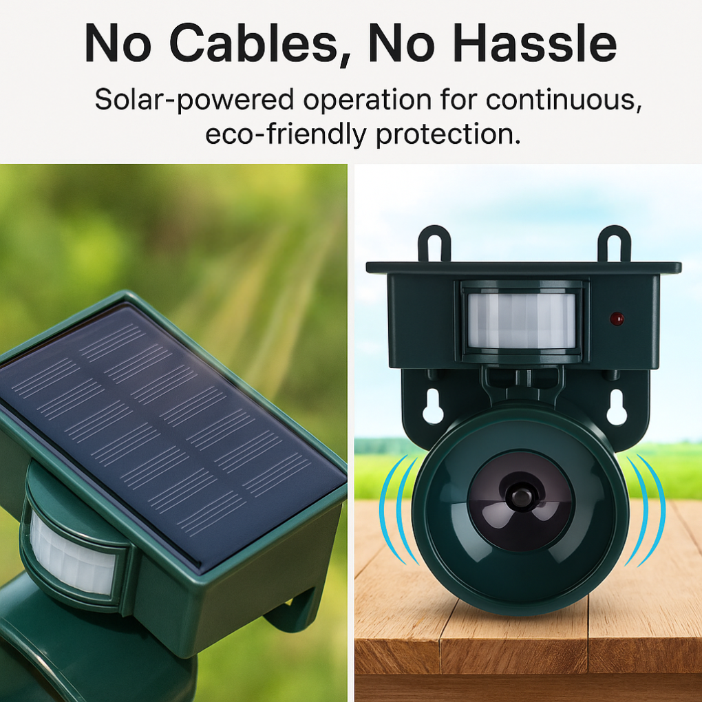 Advanced bird deterrent for outdoor use, motion sensor & ultrasonic technology.