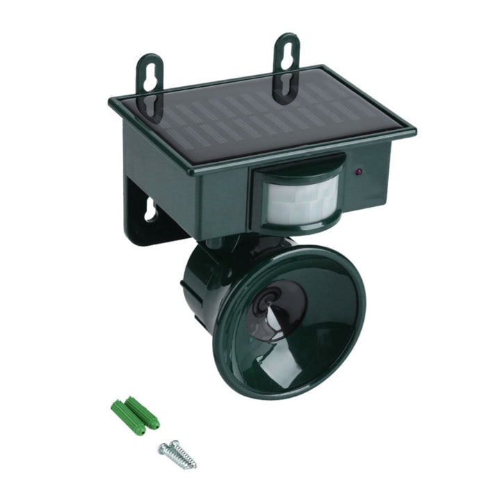 Close-up of weatherproof motion sensor bird repellent device, ultrasonic pest control.