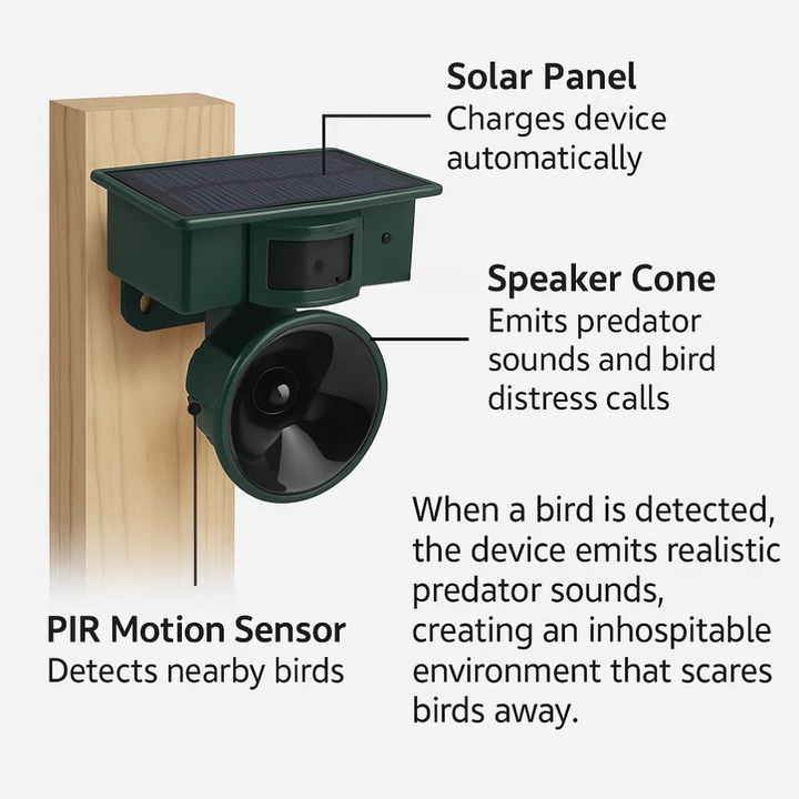 Outdoor bird deterrent installed in garden, ultrasonic pest control for wildlife.