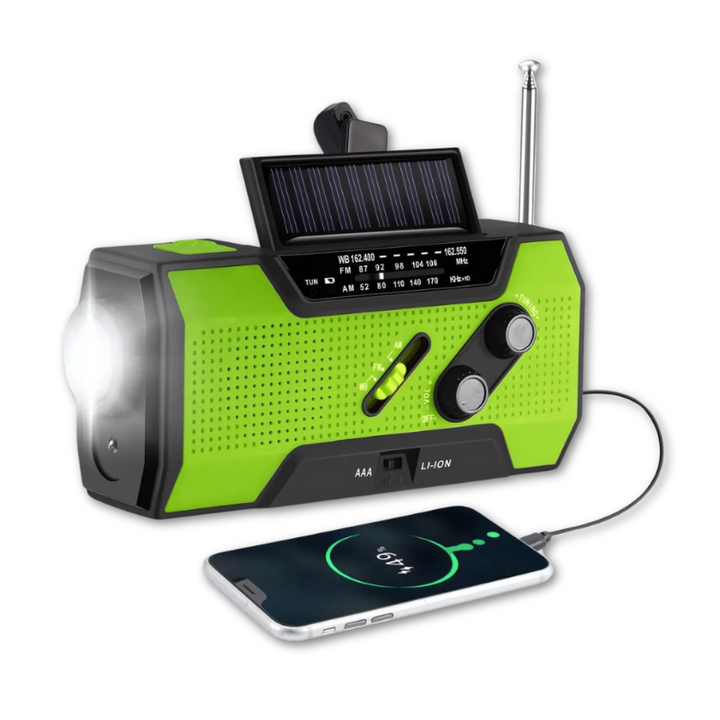 All-In-One emergency radio with solar, hand crank, and USB charging for reliable power during outages.
