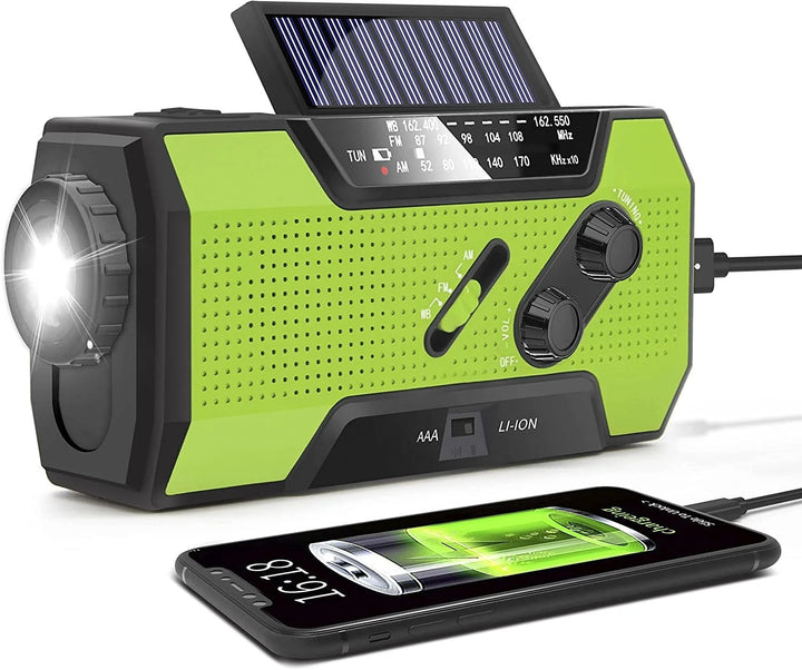 Survival weather radio providing NOAA alerts & portable power bank for emergency preparedness during disasters.