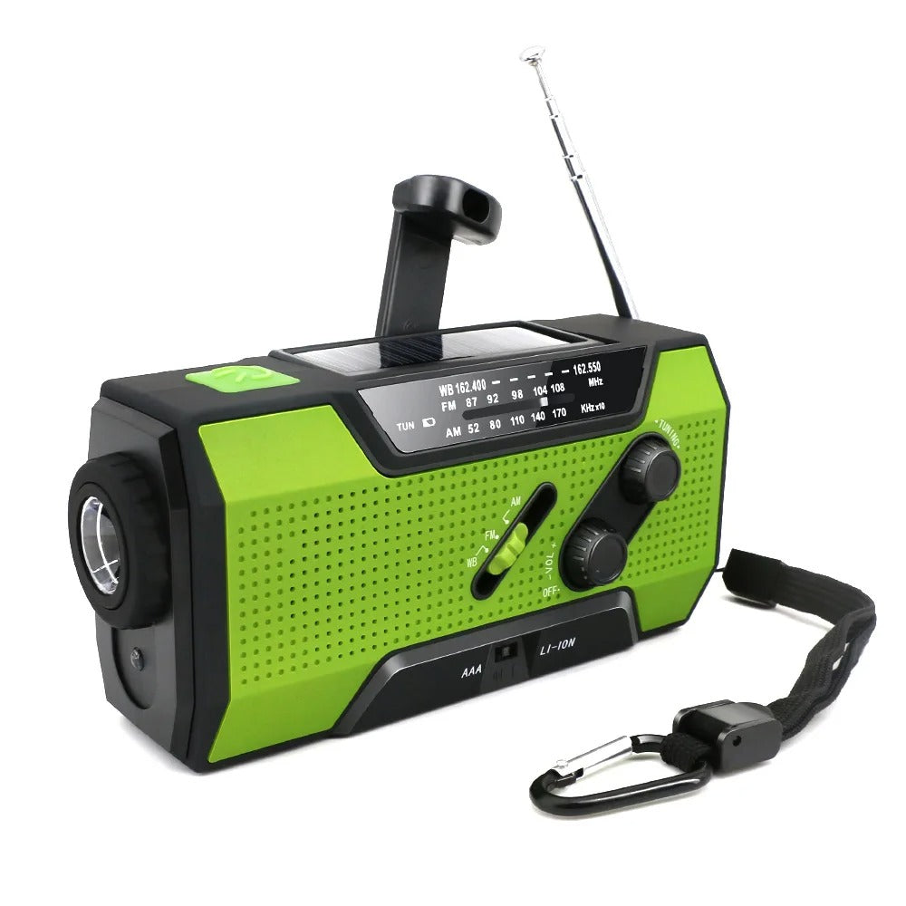 Portable emergency radio & power bank, essential survival gear for camping, hiking, and outdoor adventures.