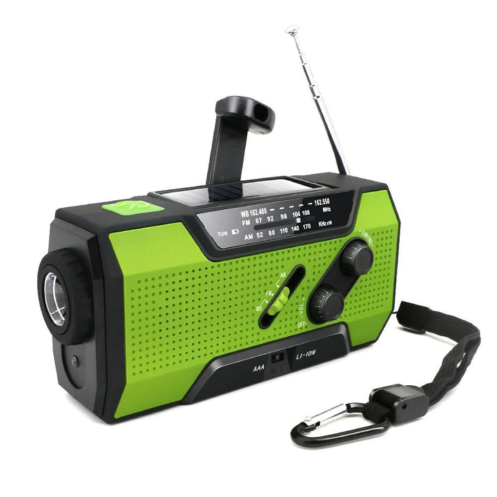 Portable emergency radio & power bank, essential survival gear for camping, hiking, and outdoor adventures.