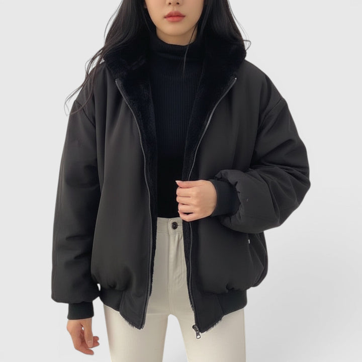 Cozy Amelia women's bomber jacket, a lightweight transitional outerwear piece for comfortable everyday style.
