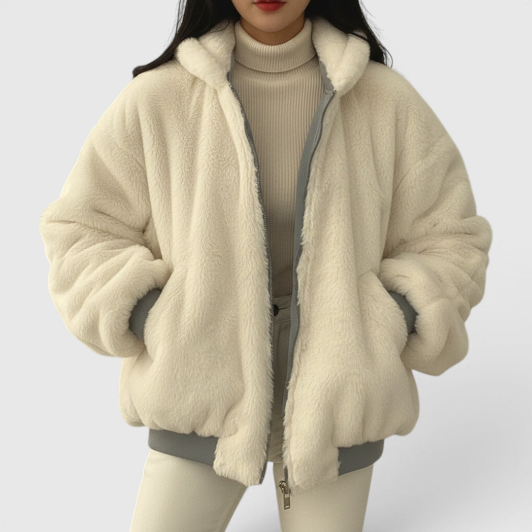 Woman showcasing Amelia casual bomber jacket, lightweight & cozy, an essential for women's fall & spring fashion.